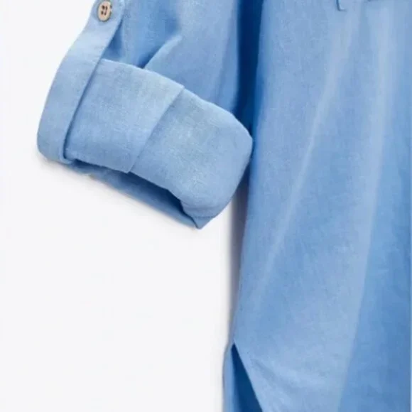 ZARA LINEN BLEND TAB SLEEVE SHIRT (Blue, XS) - Picture 4 of 6